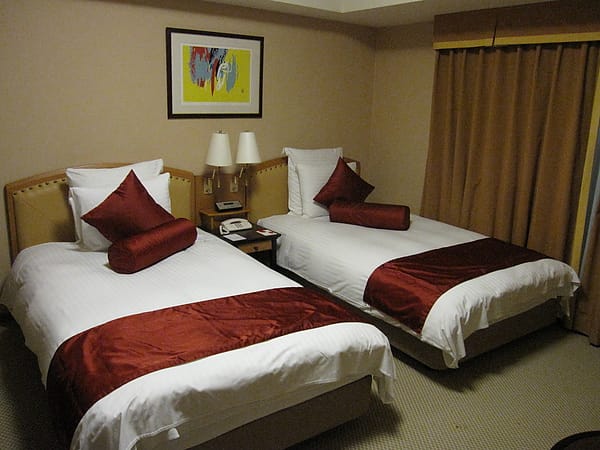 床鋪的枕頭過多,而且那個紅色的東西,看起來好高貴的樣子。